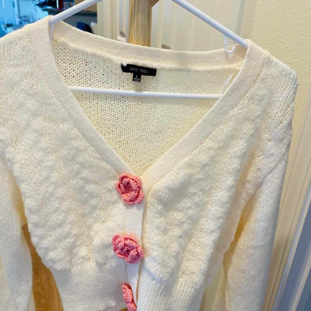 Love Tree Cream Cardigan with Pink Floral Buttons
